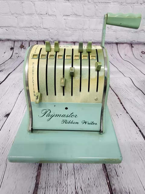 Vintage Paymaster Ribbon Writer Blue Green Check Embosser With Key and Cover