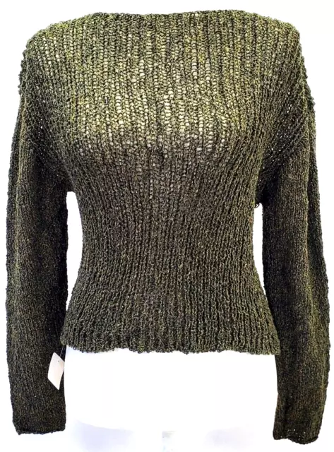 Designer Small Dark Green Crop Hand Knit Sweater Woven Long Sleeve PULLOVER BNWT