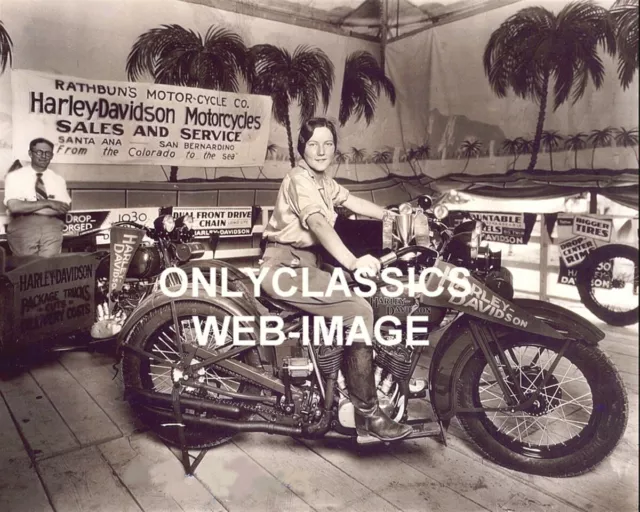 1930 HARLEY DAVIDSON MOTORCYCLE DEALER DISPLAY 8x10 PHOTO WOMAN RIDER OLD SIGNS