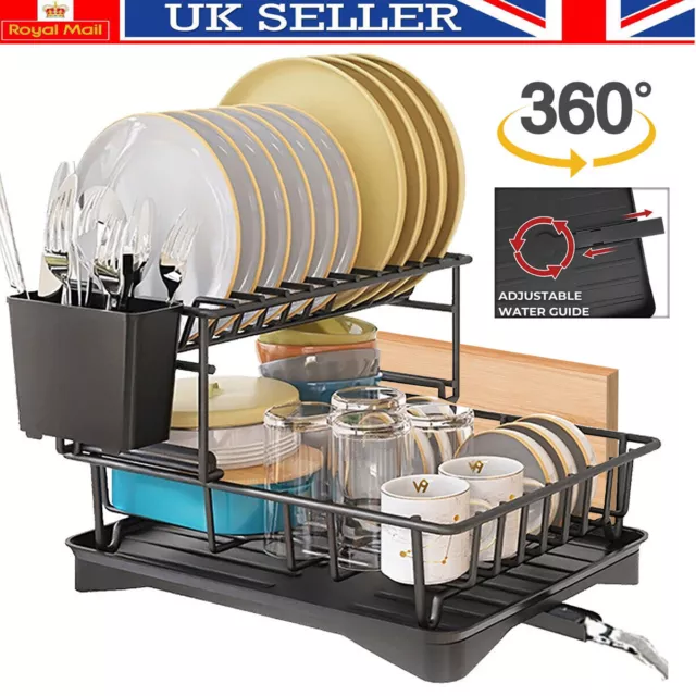 2 Tiers Dish Drainer Rack w/ Water Outlet Cutlery Drip Tray Holder Plate Rack UK