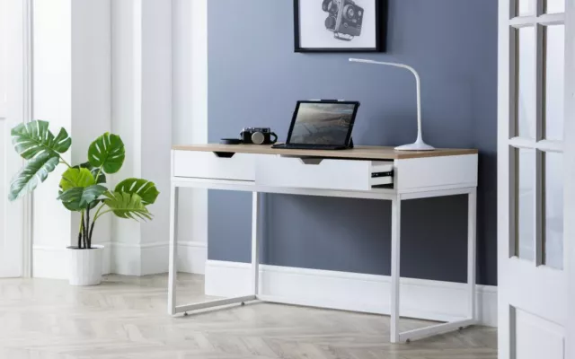 White High Gloss & Oak Effect Top 2 Drawer Desk W120cm D75cm H60cm BROOK