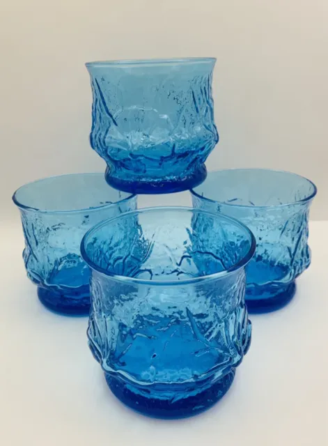 Vintage Anchor Hocking Blue Rain Flower Rocks Whiskey Juice Glasses Set Of 4 3”