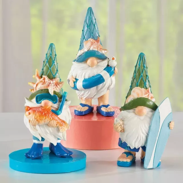 Hand-Painted Beach Gnome Sitter Figurines - Set of 3