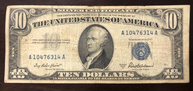 1953A $10 Silver Certificate Blue Seal
