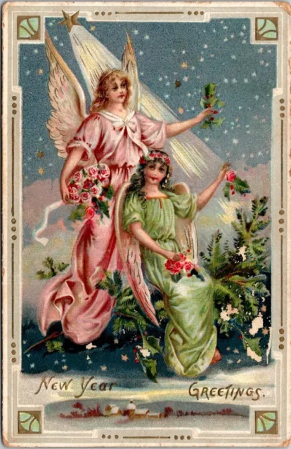 New Years Tucks 600 Angels Pink Green Gowns Roses Embossed c1910s postcard BP3