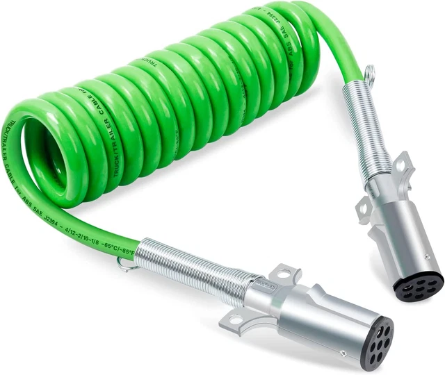 CheeMuii 7 Way Coiled Trailer Cord 15 FT Green ABS Electrical Power Coil Heavy