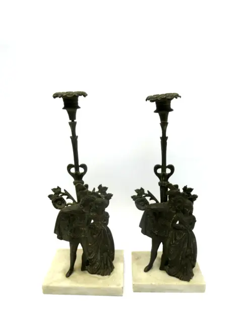 Pair Antique Victorian Couple Girandole Candlesticks Candle Holders Brass Marble