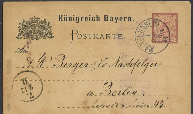 Altdeutschland Bayern 1884 Postkarte 5 Pf. mit K1 Mainbernheim nach Berlin