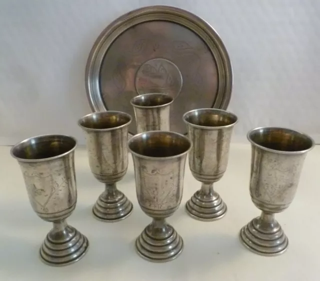 Old Vintage Made In Palestine Set Of 84 Silver Round Tray And 6 Wine Cups