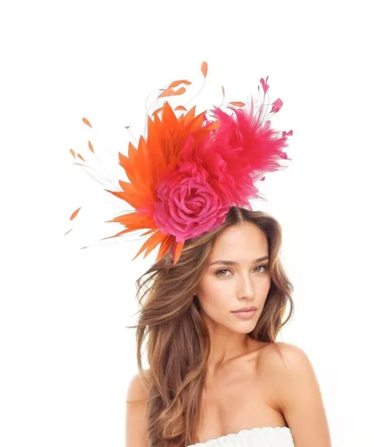 Fuchsia Pink Orange Feather Kentucky Derby Fascinator Hat Wedding Cocktail