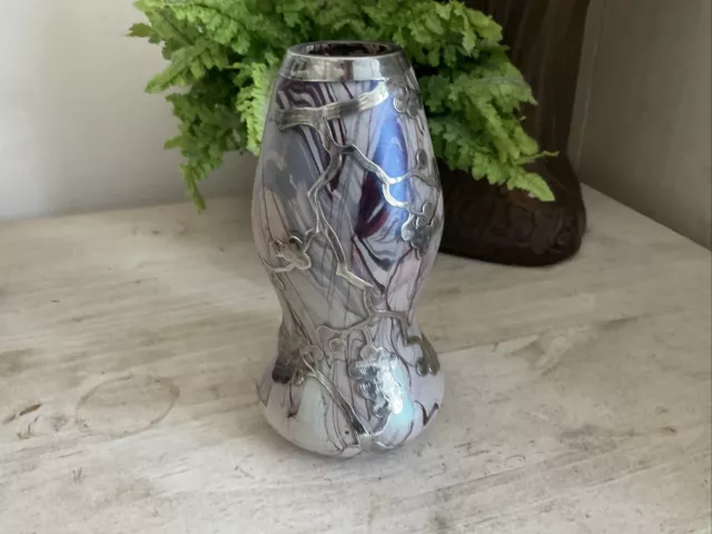 Bohemian art glass iridescent marble vase silver overlay flowers 6 inch tall