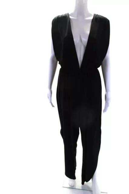 Hah Womens Stretch Sleeveless Deep V-Neck Straight Leg Jumpsuit Black Size L