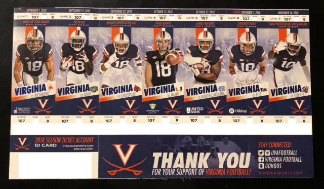 2018 Virginia Cavaliers Football Collectible Ticket Stub - Choose Any Home Game