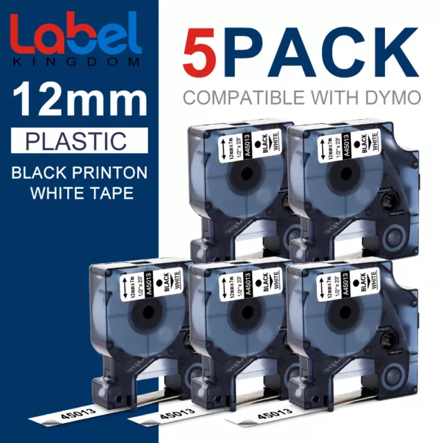 5 PK Black on White Label Tape For DYMO D1 45013 1/2 X 23' S0720530 LabelManager