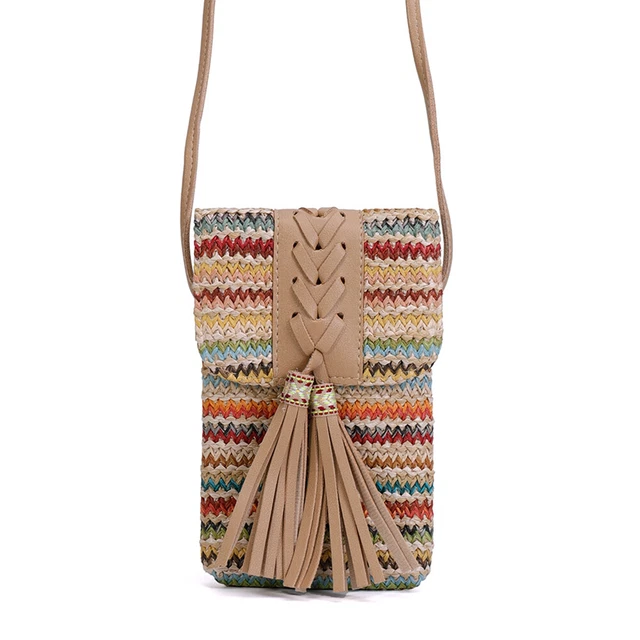 Women Straw Mobile Phone Bag Ethnic Woven Tassel Girl Satchel Crossbody Bag FS2#