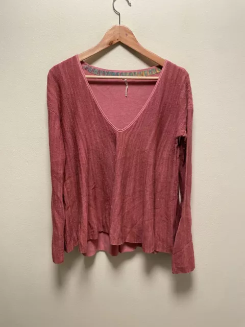 Free People Womens Sundae Pullover Sweater Small Red Linen Blend Flare Sleeve