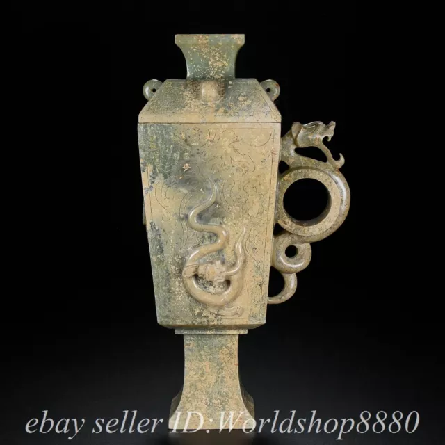 8.2" Old Chinese Hetian Jade Nephrite Carved Dragon Handle Cup Statue