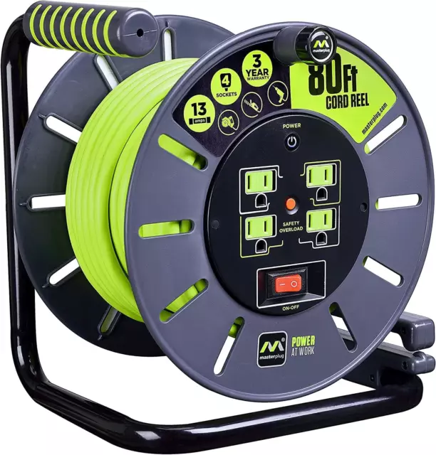 Masterplug Power at Work Four Power Outlets, Open Cord Reel with Winding Handle,