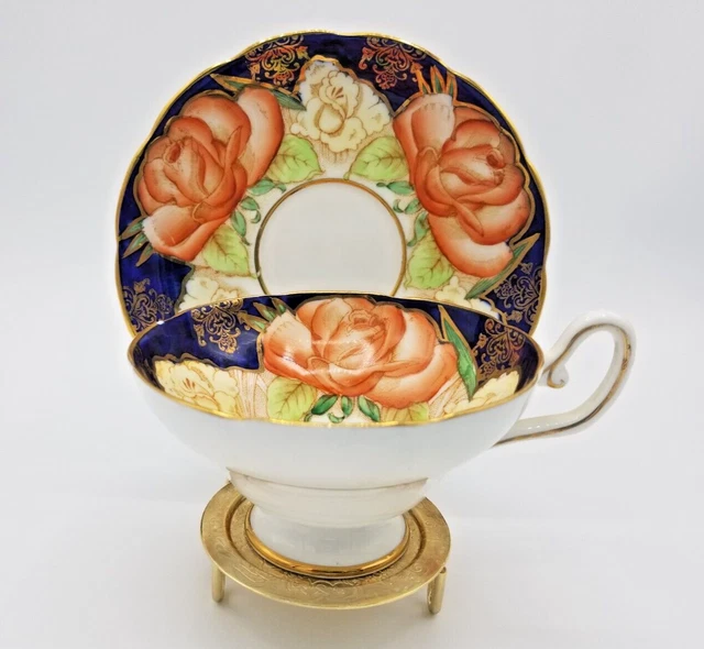 RARO taza de té y platillo rosa naranja Taylor y Kent azul cobalto alrededor de 1940