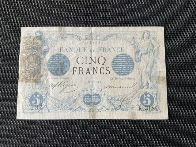 FRANCE: 5 Francs NOIR SAGITTAIRE 1873, F01-23, Réparé Encore Joli 🇫🇷