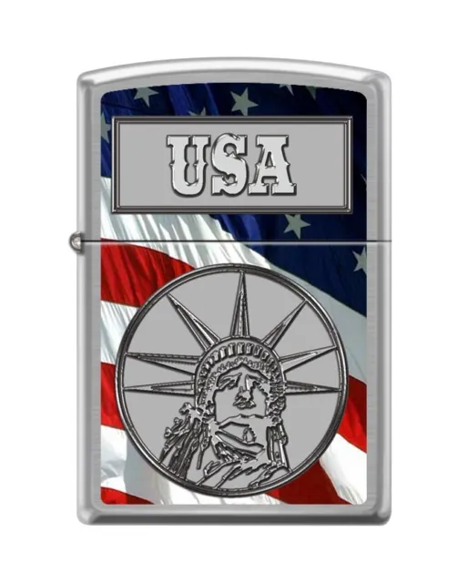 Zippo 8155, USA Flag &  Statue of Liberty, Brushed Chrome Finish Lighter