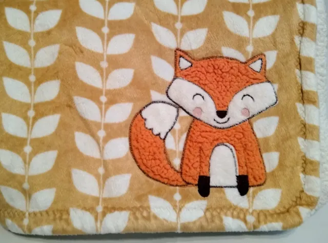 Carter's Fox Baby Blanket Orange Tan White Leaves Velour Sherpa Thick Soft Plush