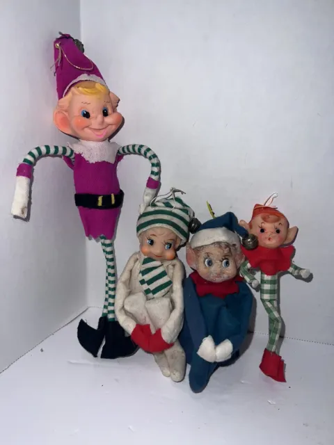 4 1950 Vintage Elves Knee Hugger Ornament Shelf Sitter Pixie Christmas Lot Japan
