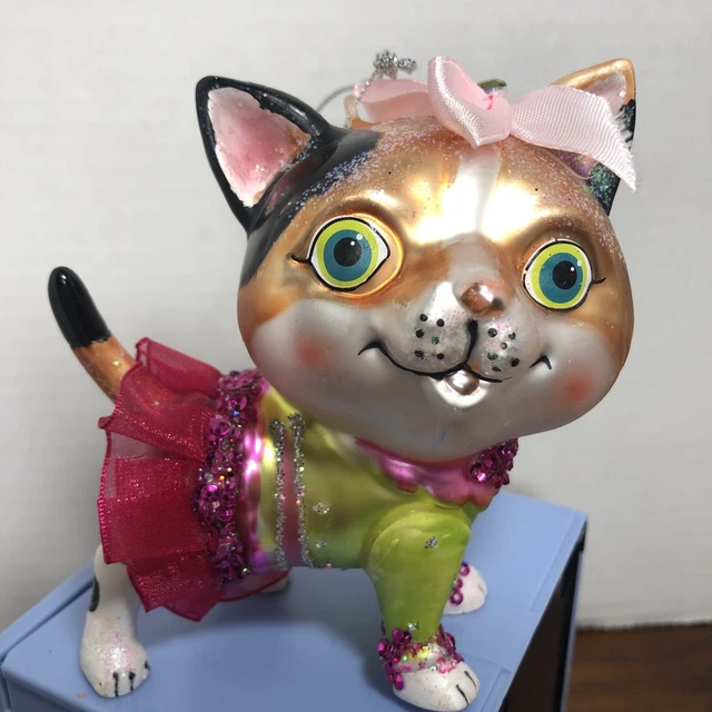 Sparkly Kitten With Pink Bow & Skirt Cat Christmas Ornament Verre Glass