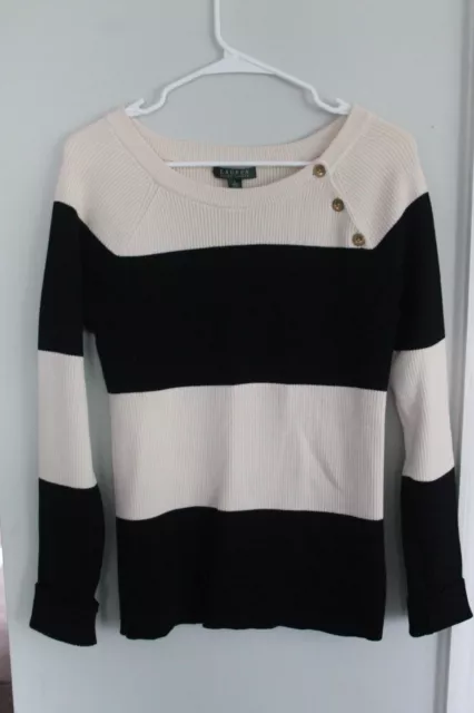Polo Ralph Lauren Black and White Striped Knit Sweater, Women's Large