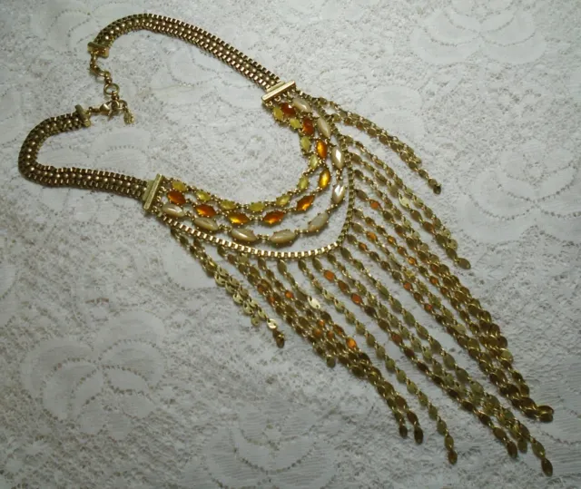 Lucky Brand Yellow Rhinestone Multi Strand Gold Tone Fringe Statement Necklace