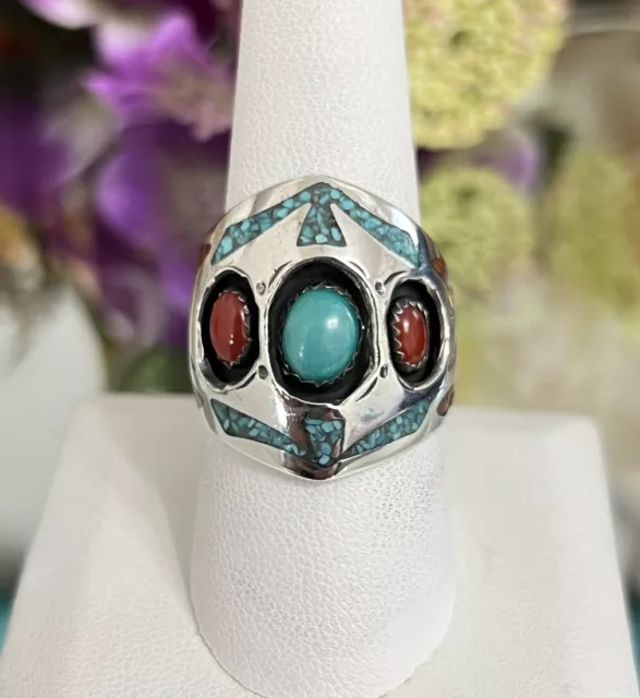 Sterling Silver Men’s Ladies Native American Turquoise Coral Inlay Ring Signed