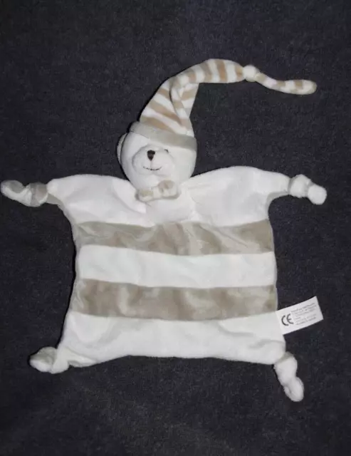 Doudou Ours Plat CREDIT MUTUEL Gris Blanc Rayé Taupe Avec Nœud Papillon TTBE