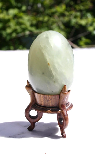 VINTAGE Solid Carved JADE EGG WITH Ornate Wooden STAND Asian