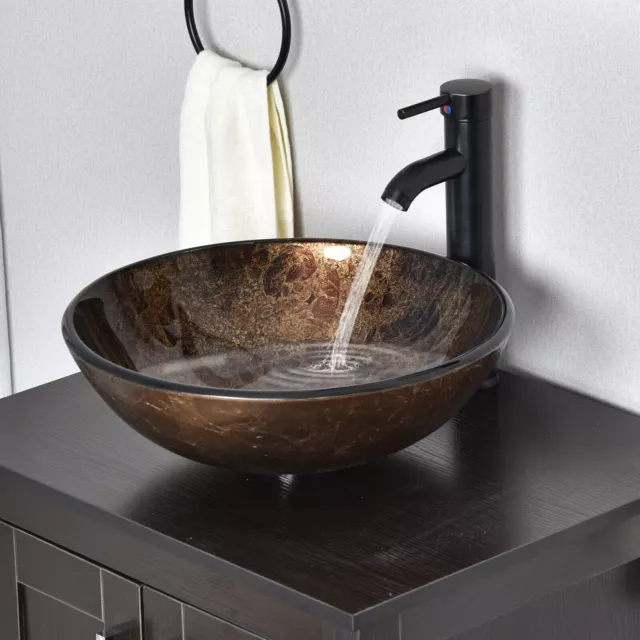 Bathroom Sink Bowl Wash Basin Countertop Tempered Glass Tap Waste Set Round