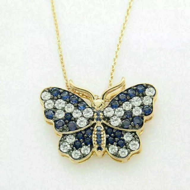 3Ct Round Cut Simulated Sapphire Butterfly Pendant 14K Yellow Gold Plated Silver