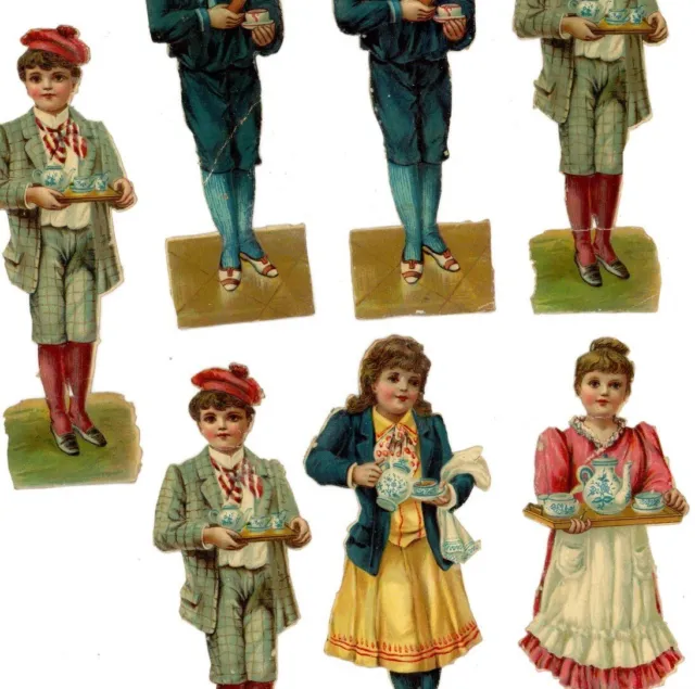 Antique Victorian Die Cut Scrap collection of 7 children taking tea 1880s #24