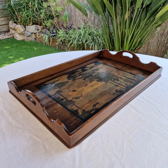 Plateau De Service En Bois Polychrome Epoque Art Nouveau , P