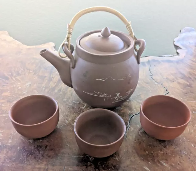 Vintage Chinese Red Clay Teapot Bamboo Handle Three Cups