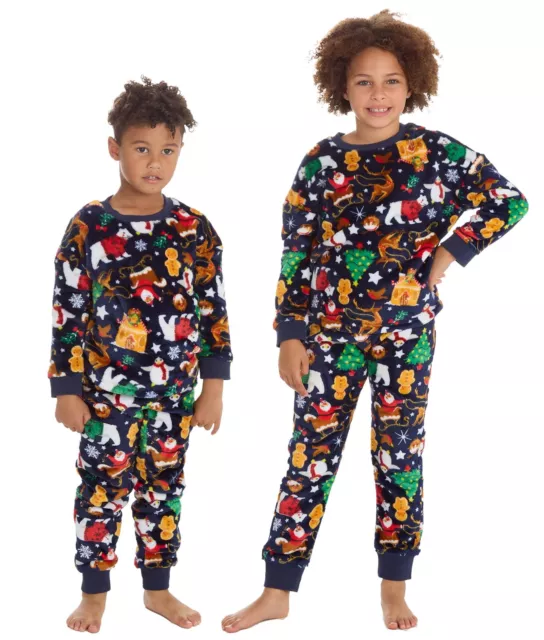 Kids Fleece Christmas Pyjamas Boys Girls Festive Print Warm Cosy Xmas Pyjama Set