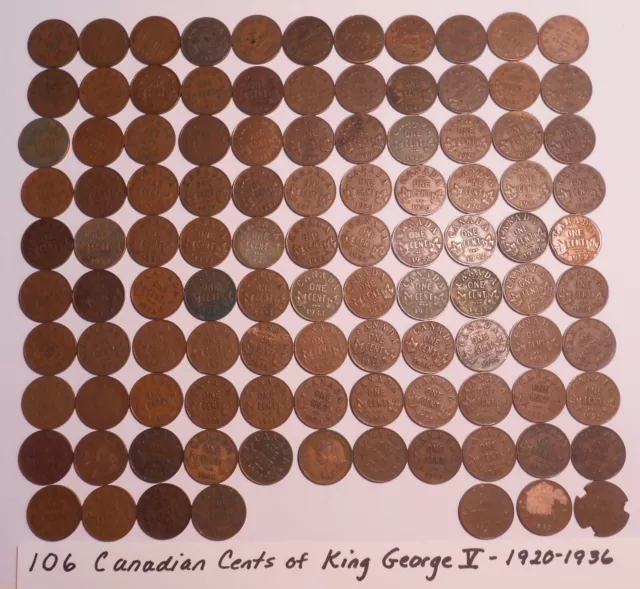 World Coin Lot:  106 Canadian Cents of King George V (minted from 1920-1936)