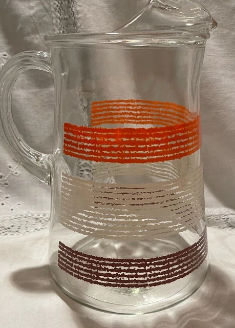 vintage clear glass white brown  orange striped water pitcher 9 high