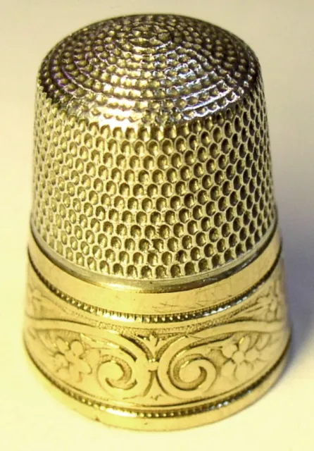 Antique Simons Bros. Gold Band Sterling Silver Thimble  “Flowers & S Scrolls”