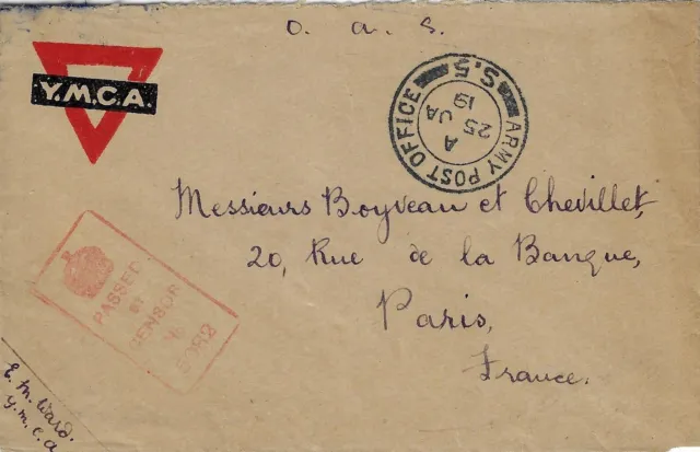 Armée US, 1919 lettre YMCA pour France, en franchise militaire, cachet censure