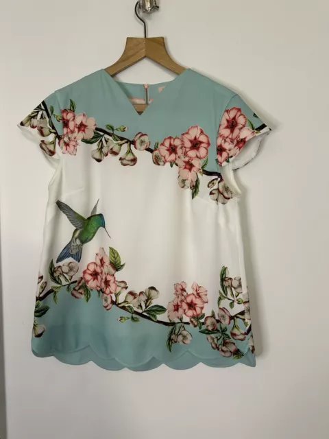 Ladies Ted Baker Size 3 UK 12 Blue Floral Smart T-shirt Top