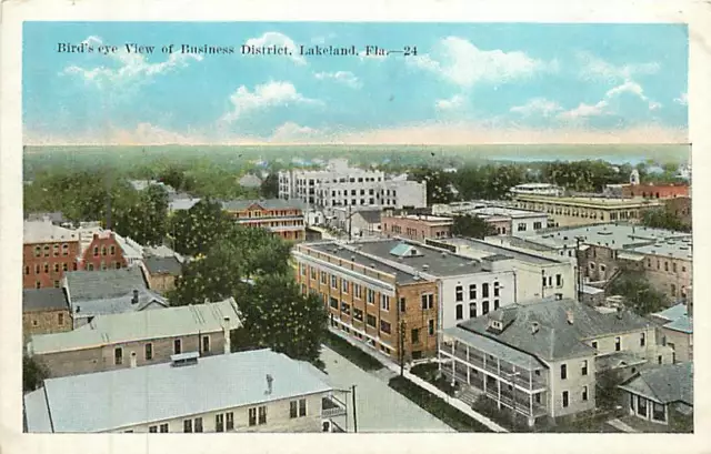 Florida, FL, Lakeland, Bird's Eye View of Business District 1920's Postcard