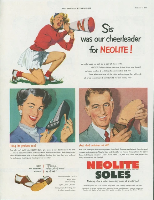 1951 Neolite Soles Cheerleader Megaphone Saddle Shoes Vintage Print Ad SP15