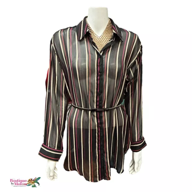 Vince Camuto Long Sleeve Button Up Sheer Blouse Striped Metallic Size M Women