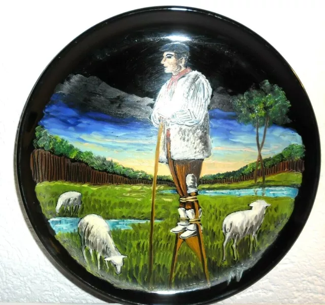 Assiette décoration Fait Main BERGER BASQUE FRANCE échasses Mouton Paysage PLATE