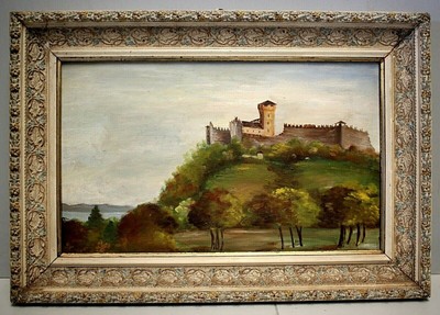 Quadro Castello Paesaggio Piazza di Napoli Figure Antico Dipinto Olio firmato 