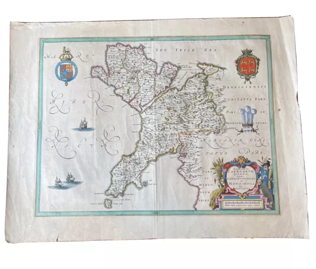 Wales Caernarvonshire 23.5” Blaeu 1640 Antique Original Copper Engraved Map.